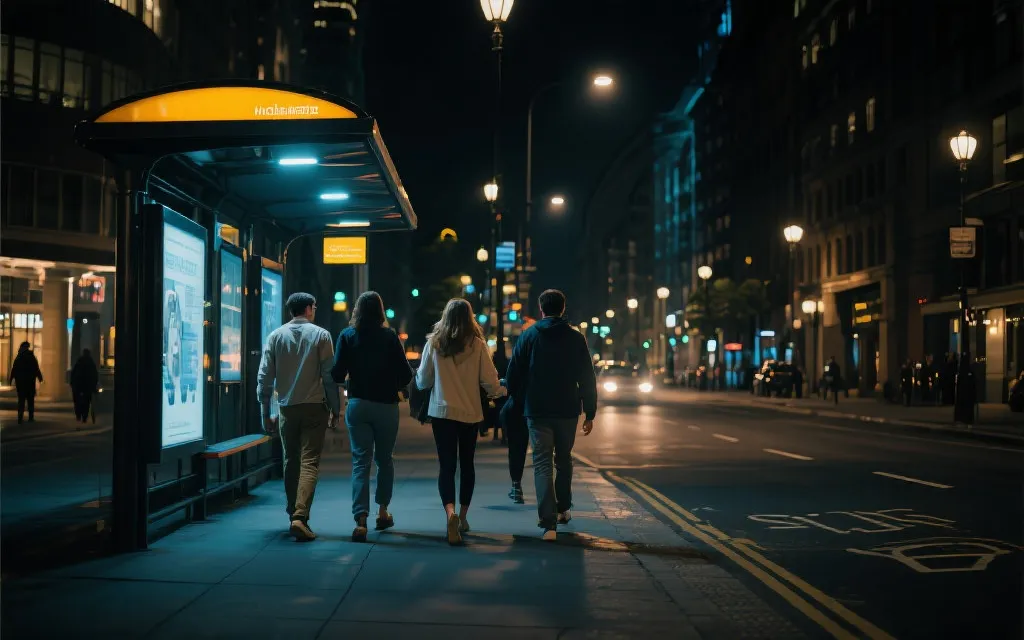 夜间城市街道与公共交通站点，朋友结伴返程的安全动线