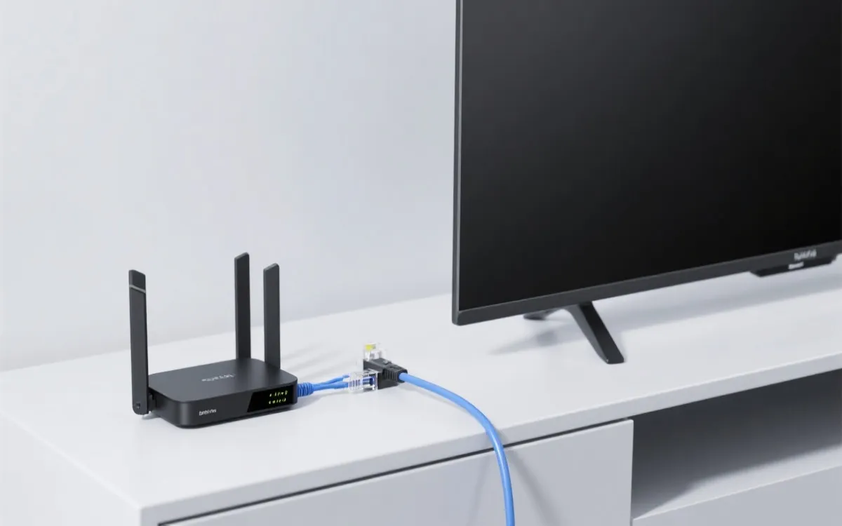 智能电视设置界面与路由器、网线的组合示意，强调稳定网络与观看体验